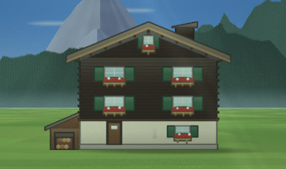 A dark log chalet with green shutters and red geraniums in window boxes, in a meadow below the mountains