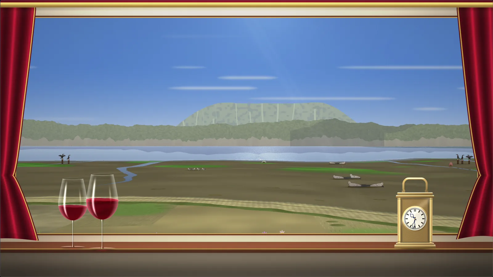 Seals on the tidal flats of the St. Lawrence and cormorants on posts, through a train window with red curtains, two glasses of red wine and a brass clock on the sill