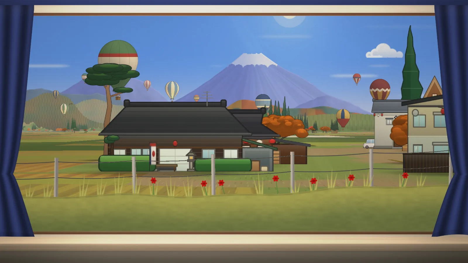 Rice paddies stretching toward a snow-capped volcano, seen through a window with navy curtains.
