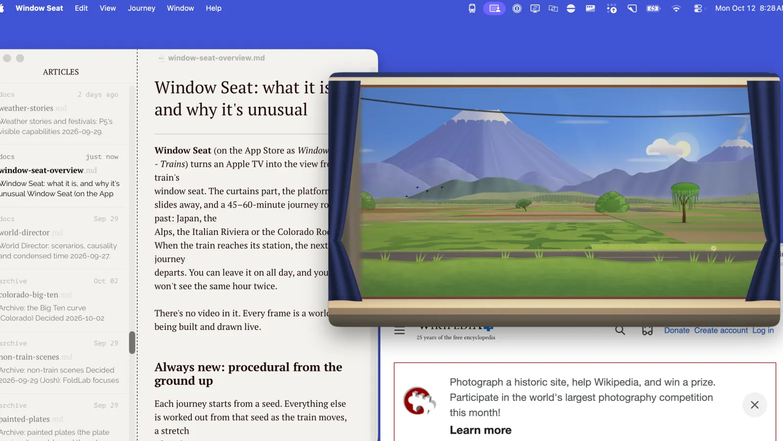 A Mac desktop with a small Window Seat window in the corner, showing rice paddies and a snow-capped volcano beside a document and a web page.